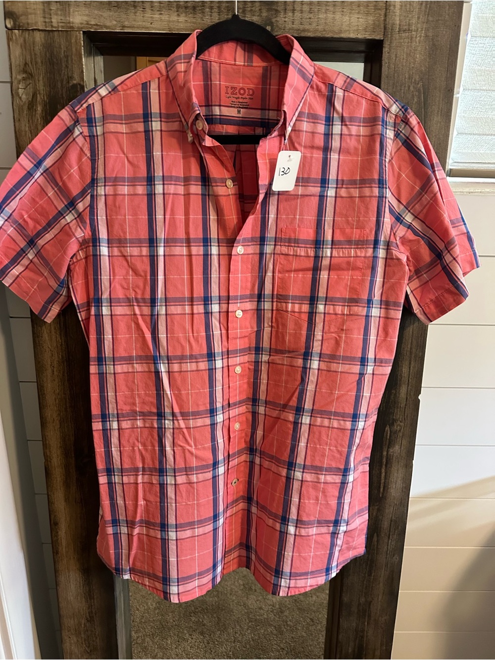 IZOD Men’s Medium Pink Plaid Button Front Short Sleeve Poplin Shirt Cotton